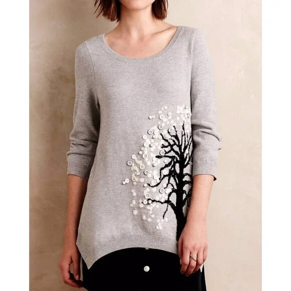 Anthropologie HWR Monogram S Cute As A Button Embellished Tunic Sweater - Picture 2 of 6